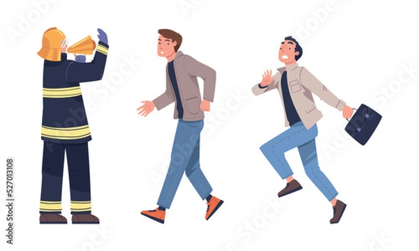 Fototapeta Fire Emergency with Firefighter Warning People with Megaphone Vector Set