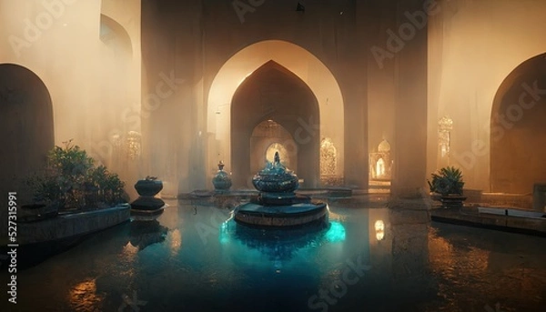 Fototapeta Eastern landscape of the palace complex with a fountain at sunset. Oriental, Arabic arches and architecture, Arabic patio. 3D illustration.