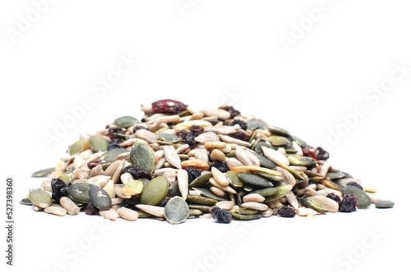 Fototapeta Mix of seeds isolated on a white transparent background, pumkin and sunflower seeds, pine nuts on a pile, healthy food