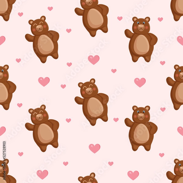 Fototapeta Seamless vector pattern with forest brown bears and hearts. Vector illustration for fabric, texture, wallpaper, poster, postcard. Editable elements. Cartoon design.