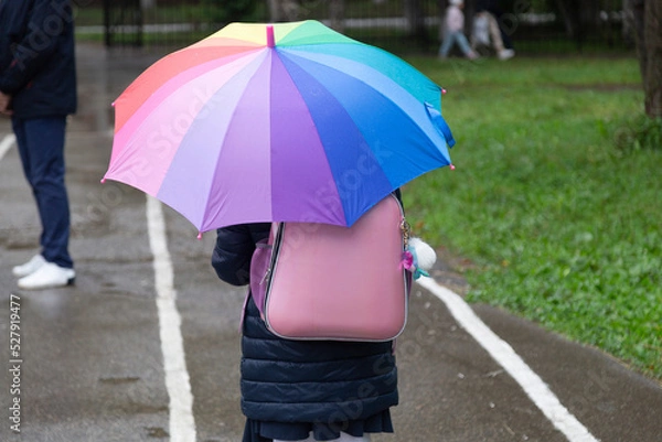 Obraz A schoolgirl goes to school.A schoolgirl with an umbrella in the rain.