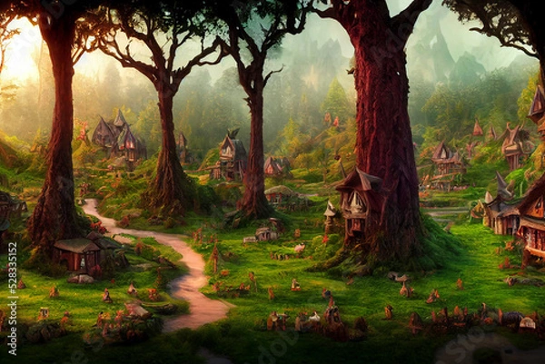 Fototapeta Fantasy landscape painting, castle and village, imaginary world