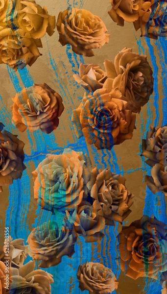 Fototapeta Brown roses on a brown background, abstract blue lines, floral background.