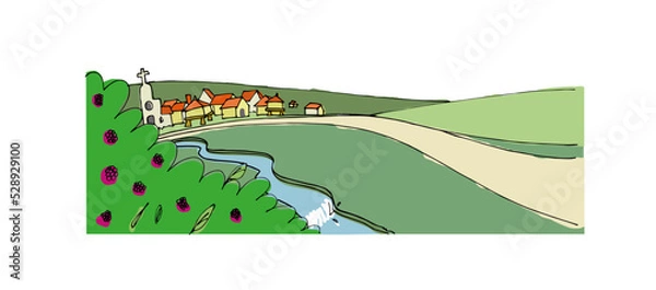 Fototapeta Road to a small town, village on a valley with a river, houses and a church in the distance. Basic colorful hand drawn watercolor style vector illustration isolated on white background.