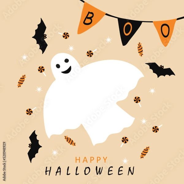 Fototapeta White smiling ghost, Happy Halloween text, BOO inscription on bunting flags, orange candies and black bats. Cute hand drawn greeting card, trick or treat. Vector holiday design, festive print.