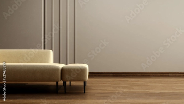 Fototapeta Simple Interior Living Room Modern Style With Cozy Sofa, And Wooden Floor. Empty Space Minimalist 3D Design