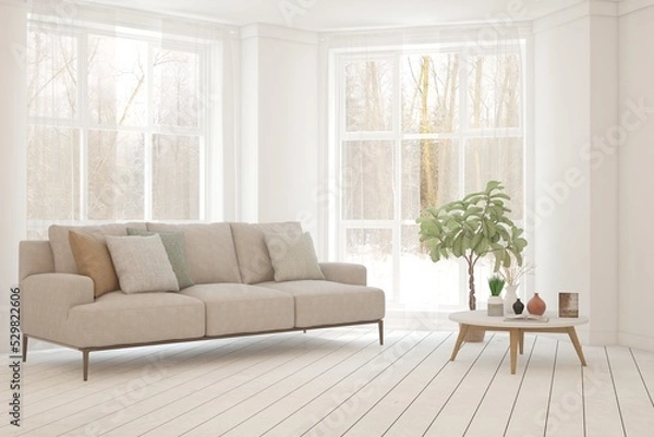 Fototapeta White living room with sofa and winter landscape in window. Scandinavian interior design. 3D illustration