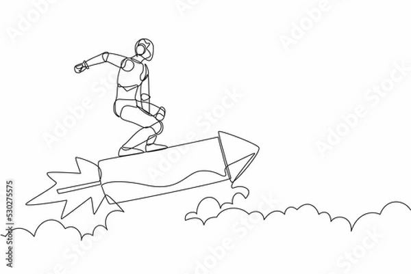 Fototapeta Single one line drawing robot standing astride a rocket and flying through the air. Humanoid robot cybernetic organism. Future robotic development. Continuous line design graphic vector illustration