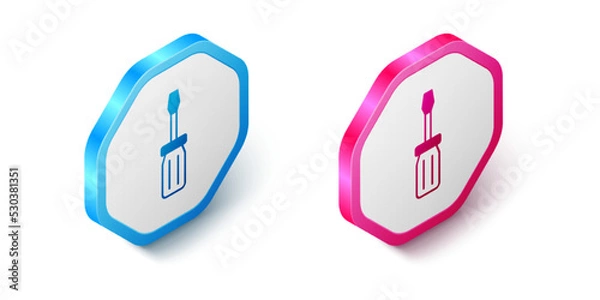 Fototapeta Isometric Screwdriver icon isolated on white background. Service tool symbol. Hexagon button. Vector