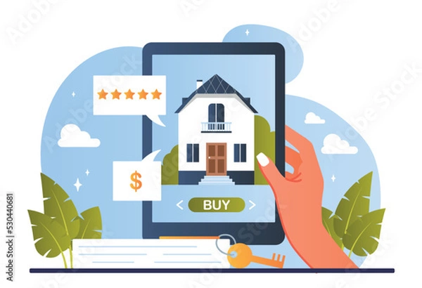 Fototapeta Real estate searching. Woman holds tablet and chooses house. Financial literacy and investment. Application or programs, user opinion and feedback, rating and ranking. Cartoon flat vector illustration