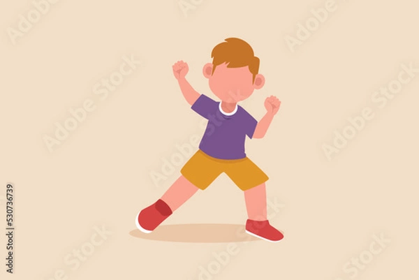 Fototapeta Happy little boy shows win fist up expression gesture. Cheer up pose concept. Flat vector illustrations isolated. 