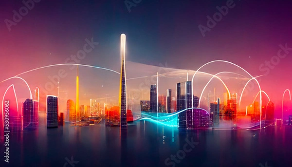 Fototapeta Smart city and abstract dot point connect with gradient line and aesthetic Intricate wave line design , big data connection technology concept