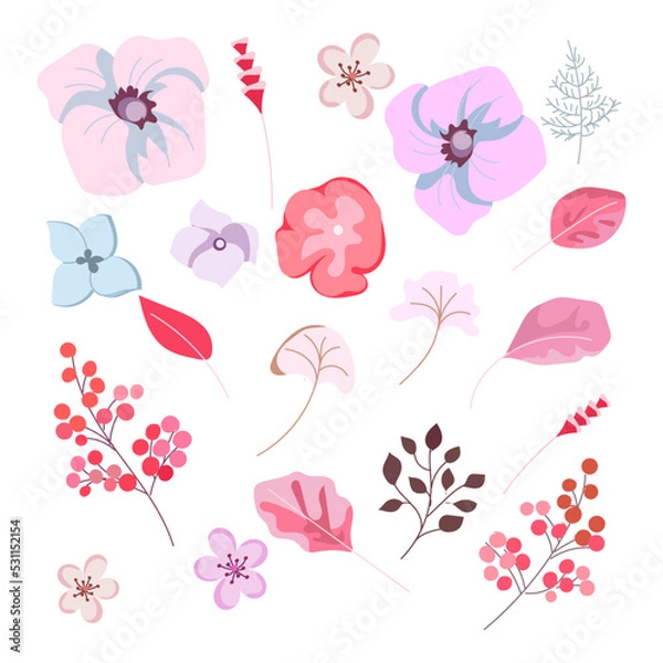 Fototapeta Flower collection of abstract vector images. Delicate flowers and leaves with decorative elements. Isolated design elements for the design of greeting wedding cards, wallpaper, patterns, print.