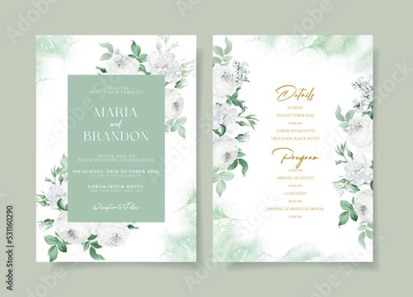 Fototapeta Floral wedding invitation template set with white floral and leaves decoration.