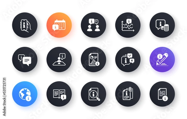 Fototapeta Info center icons. Reception information, Journey path, Guide book. Call center, Faq chat bubbles, Info help desk icons. Question mark, Search information and Customer help service. Vector