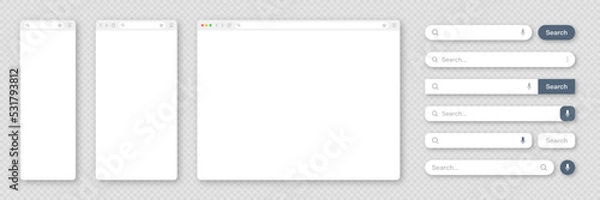 Fototapeta Blank internet browser window with various search bar templates. Web site engine with search box, address bar and text field. UI design, website interface elements. Vector illustration