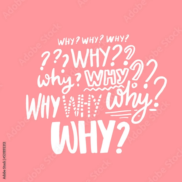 Fototapeta Why questions typography print, white words on pink background. Banner design, fashion print, vector hand lettering