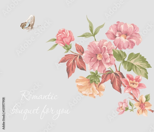 Fototapeta Greeting card with butterfly and flowers, can be used as invitation card for wedding, birthday and other holiday and summer background