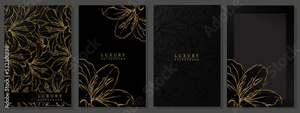 Fototapeta Lily cover set. Luxury template with golden floral pattern. Black and gold background for elegant invite, presentation, wedding, menu, fashionable flyer.