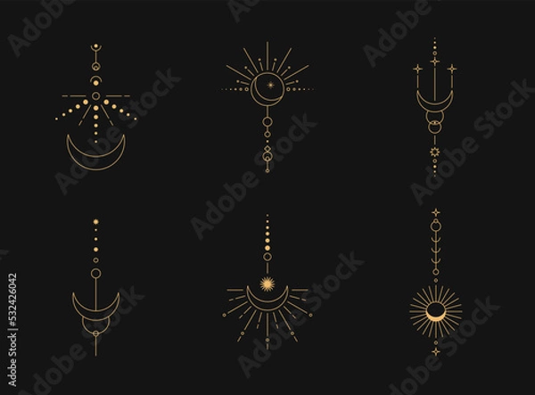 Obraz Set of moon and sun line art. Minimal boho linear symbols. Celestial mystic element. Vector line art illustration.