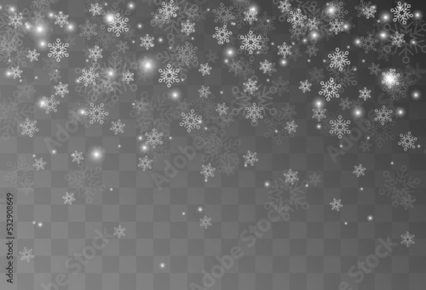 Fototapeta Snow flakes, snowy background. Vector heavy snowfall, snowflakes in different shapes and forms. Many white cold flake elements on a transparent background. White snowflakes are flying in the air.