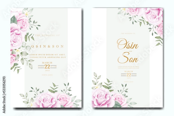 Obraz Wedding invitation card template set with beautiful floral leaves 