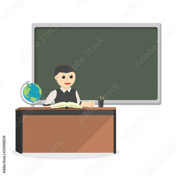 Fototapeta male teacher in class room design character on white background