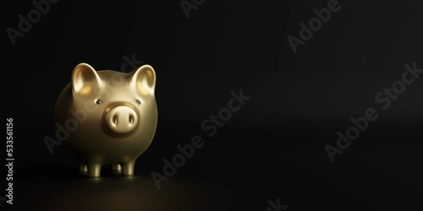 Fototapeta concept of a business save money gold piggy bank or pig bank and coin on black background. 3d illustration