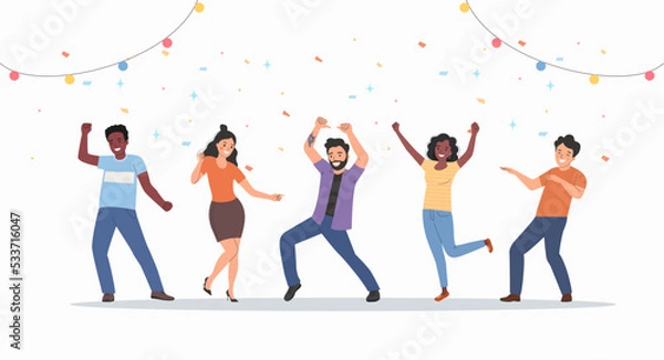 Fototapeta Different happy young women and men dancing. Party people dancing under confetti. Corporate holiday. Flat style cartoon vector illustration.