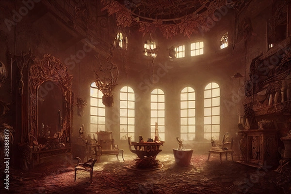 Fototapeta creepy interior of a fantasy mansion, concept art, digital illustration, Generative AI