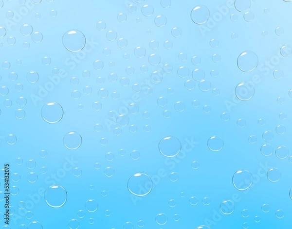 Fototapeta 3D underwater background with water drops or air bubbles. Abstract aqua texture with transparent spheres, liquid balls in sea, ocean or pool. Rain or dew droplets on blue surface