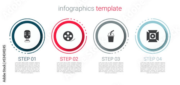 Fototapeta Set Microphone, Film reel, Paper glass with water and Movie spotlight. Business infographic template. Vector