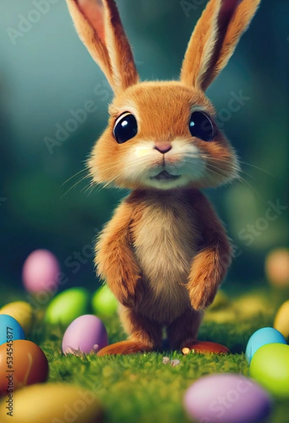 Fototapeta Easter bunny rabbit with decorated Easter eggs