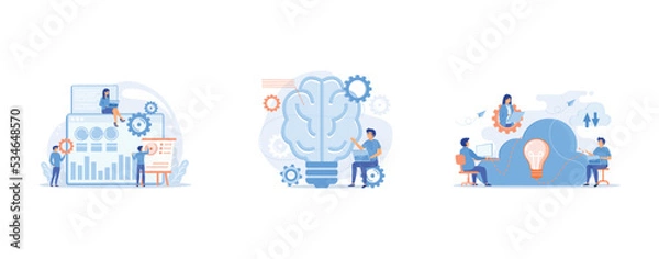 Fototapeta SEO specialists work on high-quality organic search traffic for websites, Human brain with gears thinking and users, Coworking team of users connected by cloud computing and light bulb, set flat vecto