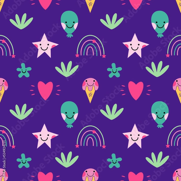 Fototapeta Seamless psychedelic background. Vaporwave 2000 Flower pattern. Wallpaper in style 90s. Printing on fabric and wrapping paper.