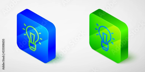 Fototapeta Isometric line Light bulb with concept of idea icon isolated on grey background. Energy and idea symbol. Inspiration concept. Blue and green square button. Vector