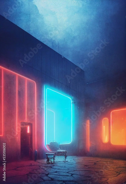 Fototapeta Futuristic interior, light in the window, neon lights, cyberpunk