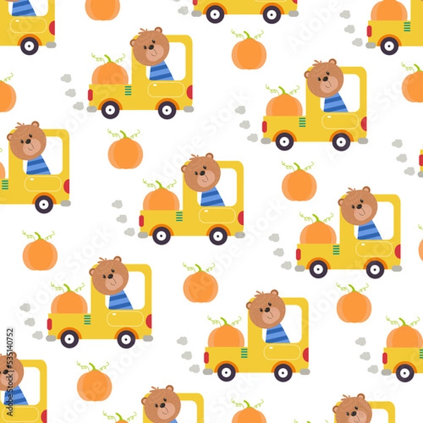 Fototapeta Seamless pattern with cute bear animals and vehicle. Perfect for kids clothes design