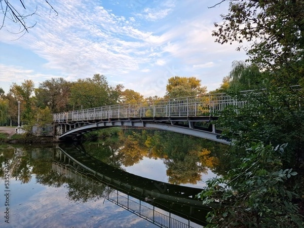 Fototapeta footbridge stands in the recreation park over the stream