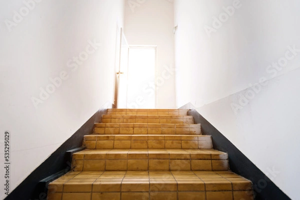 Fototapeta Staircase going up to white light door