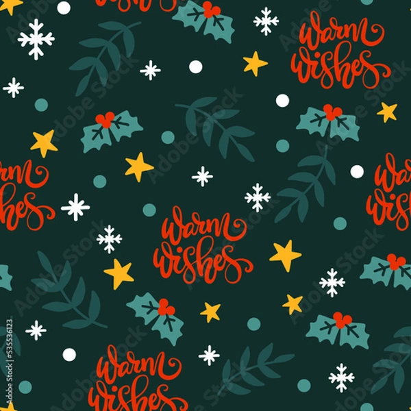 Fototapeta Seamless pattern christmas plants and lettering vector illustration