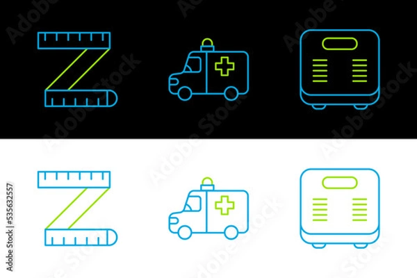 Fototapeta Set line Bathroom scales, Tape measure and Ambulance and emergency car icon. Vector