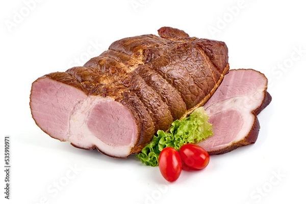 Fototapeta Smoked pork meat with slices, isolated on white background.