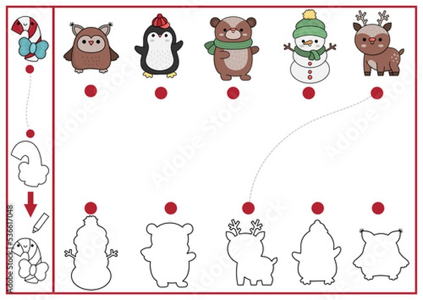 Fototapeta Christmas shape matching, coloring and drawing activity. Winter holiday puzzle with cute kawaii snowman, penguin. Find correct silhouette printable worksheet. New Year page for kids.