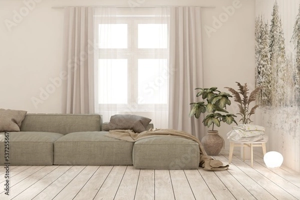 Obraz White living room with sofa. Scandinavian interior design. 3D illustration