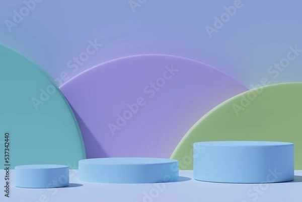 Fototapeta Blue podiums on purple and green background, 3d render