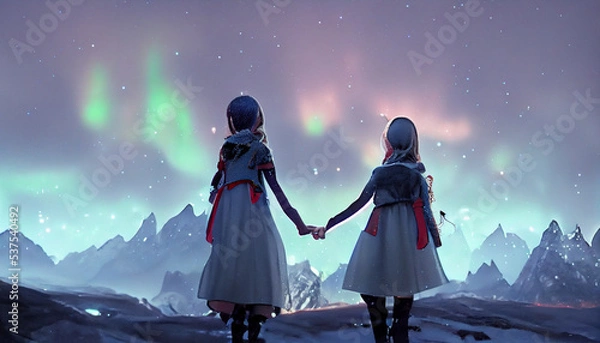 Fototapeta two girls standing holding hands with a aurora borealis sky background and snowy mountains