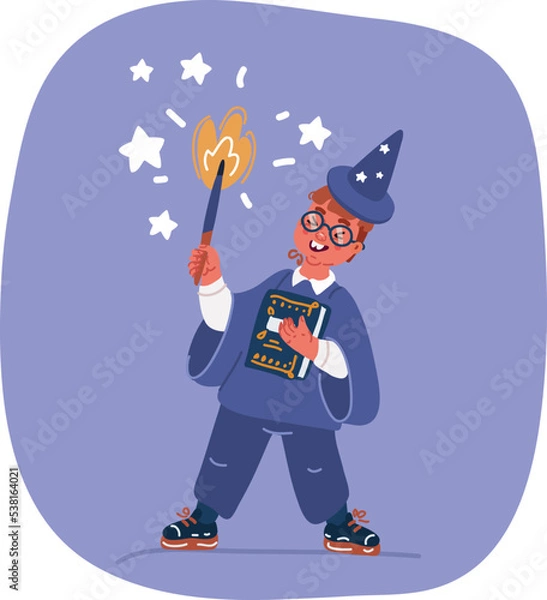 Fototapeta Vector illustration of Cute boy dressed as a Wizard with the book and hold magic wand