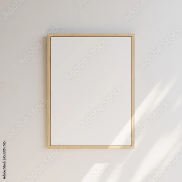 Fototapeta White blank notice boards with wooden frame on white wall. Partially lit by sunshine. Template for your content. 3D illustration.