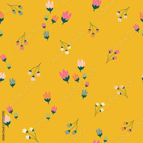 Fototapeta Mustard yellow seamless print spaced out conversational  pattern with colorful doodle flowers